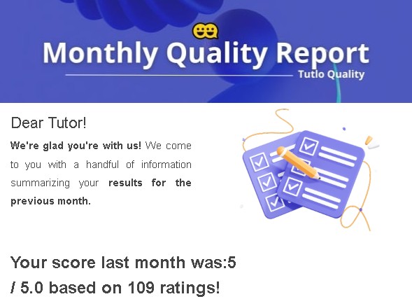 Monthly Quality Report - Perfect 5.0 rating from 109 students